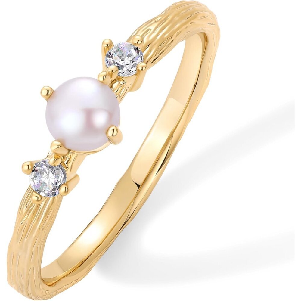 14K Gold Plated Pearl Hammered Ring for Women | Dainty Elegant Stackable Cubic Z